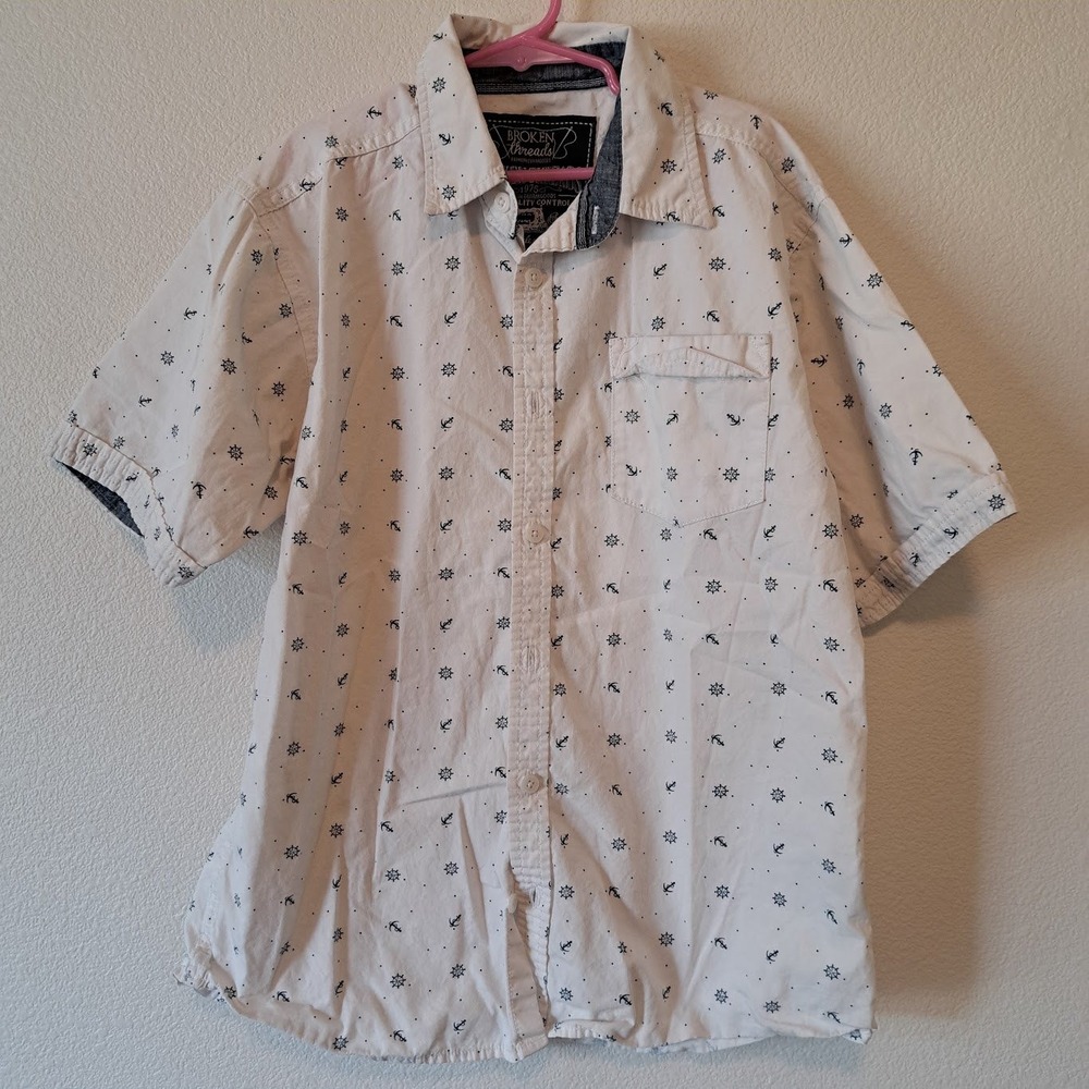 Broken Threads Boys White Nautical Anchor Print Button Down Shirt Large 14/16